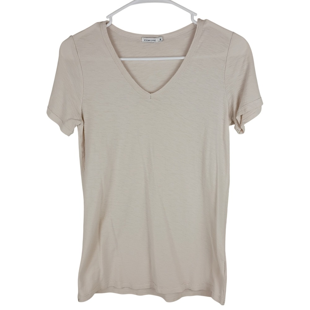 Comune Women Beige Slub Knit V-Neck Short Sleeve T-Shirt Size S